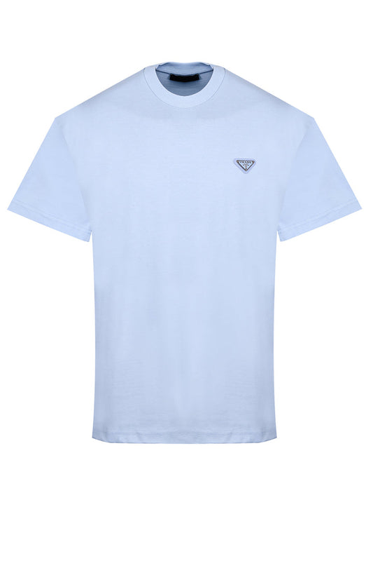 PRADA METAL LOGO PATCH LIGHT BLUE T-SHIRT